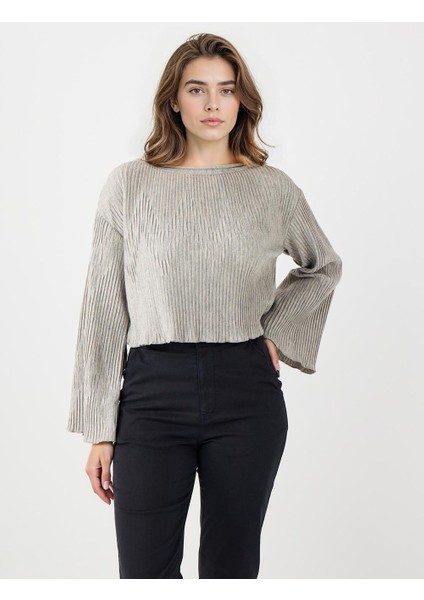 Bej Rahat Kesim Kayık Yaka Yumuşak Dokulu Örme Bluz