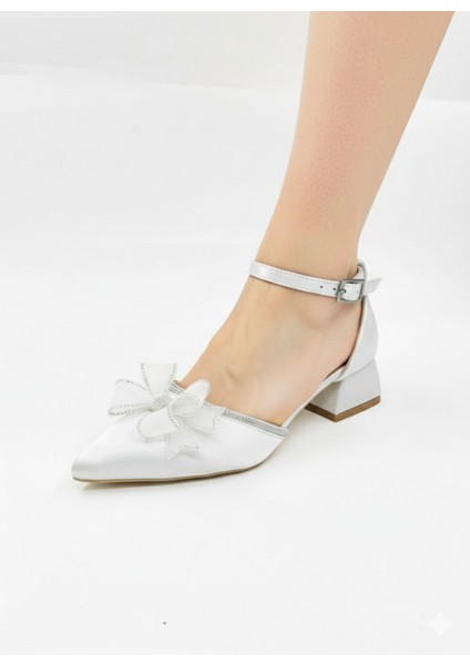 Kadın Gümüş Kurdele Taşlı Bilekten Tokalı Sivri Burun 5 cm Kalın Topuk Abiye Ayakkabı fiyatları