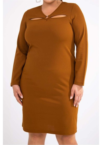 Kadın Büyük Beden Yaka Detaylı Kahverengi Elbise fiyatları