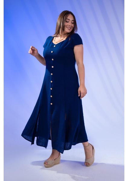 Kadın 111975 Büyük Beden Düğmeli Yırtmaçlı Elbise Lacivert Siyah fırsatları