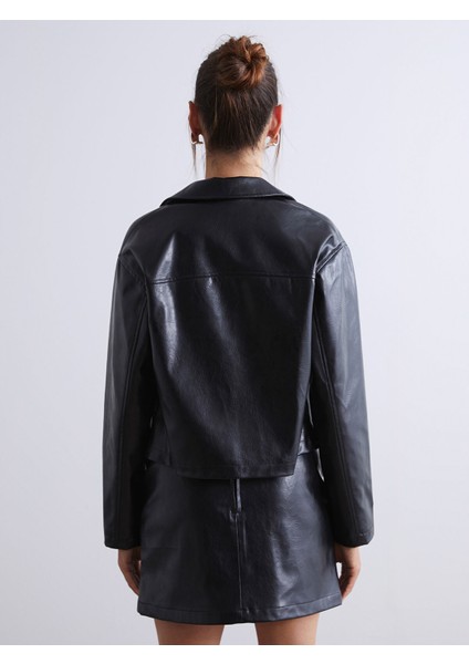 Yeni Sezon Gömlek Yaka Kadın Deri Görünümlü Ceket indirimleri