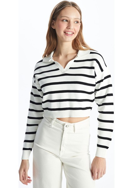 Yeni Sezon Polo Yaka Çizgili Uzun Kollu Crop Kadın Triko Kazak fiyatları