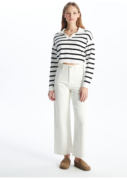 Yeni Sezon Polo Yaka Çizgili Uzun Kollu Crop Kadın Triko Kazak modelleri