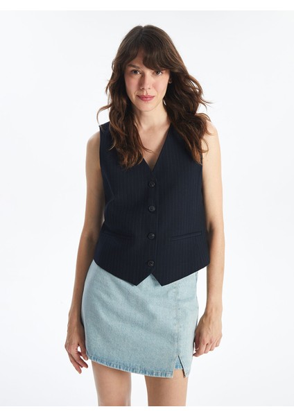 Yeni Sezon V Yaka Çizgili Kadın Klasik Yelek