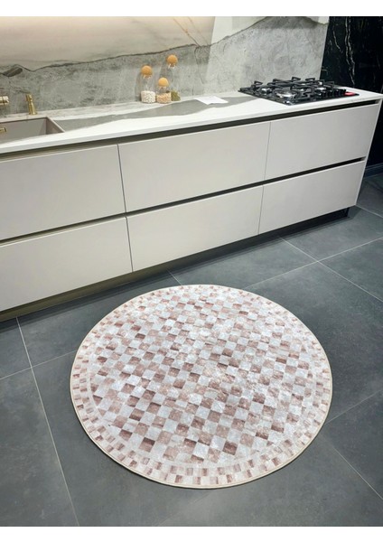 Bej Renk Mackenzie Stili Damalı Lateks Taban Mutfak Halı - Yuvarlak modelleri