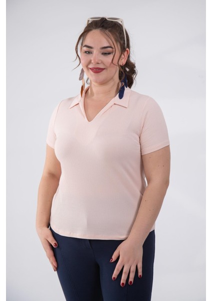 Kadın Büyük Beden Gömlek Yaka Fitilli Bluz Somon