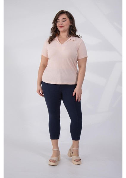 Kadın Büyük Beden Gömlek Yaka Fitilli Bluz Somon