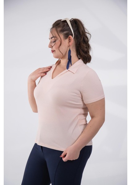 Kadın Büyük Beden Gömlek Yaka Fitilli Bluz Somon