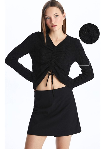 Yeni Sezon V Yaka Kendinden Desenli Uzun Kollu Kadın Triko Kazak