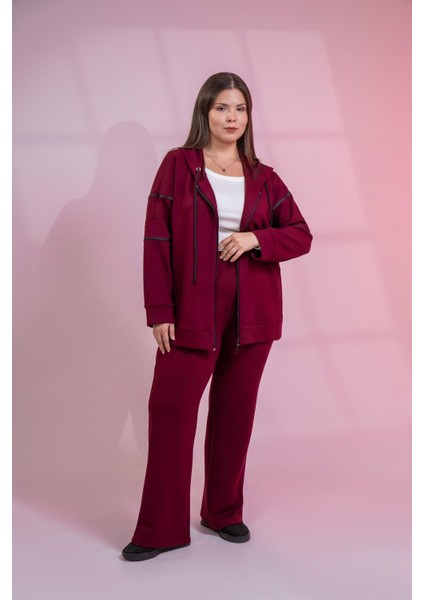 Kadın Büyük Beden Grogren Detaylı Eşofman Bordo Altı