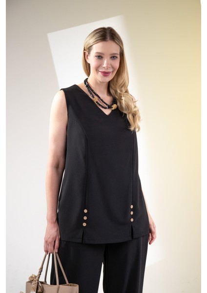 Kadın Büyük Beden V Yaka Düğmeli 2'li Takım Siyah Yeşil