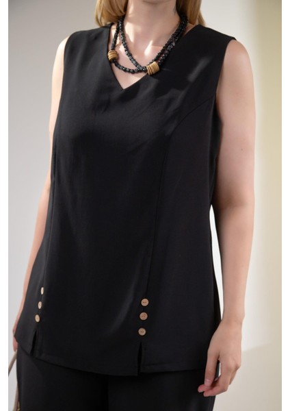 Kadın Büyük Beden V Yaka Düğmeli 2'li Takım Siyah Yeşil fiyatları