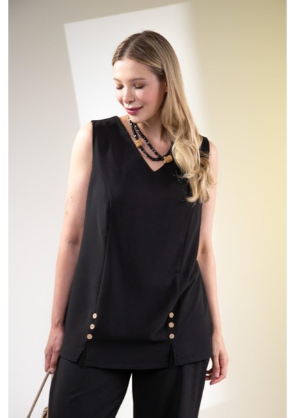 Kadın Büyük Beden V Yaka Düğmeli 2'li Takım Siyah Yeşil indirimleri