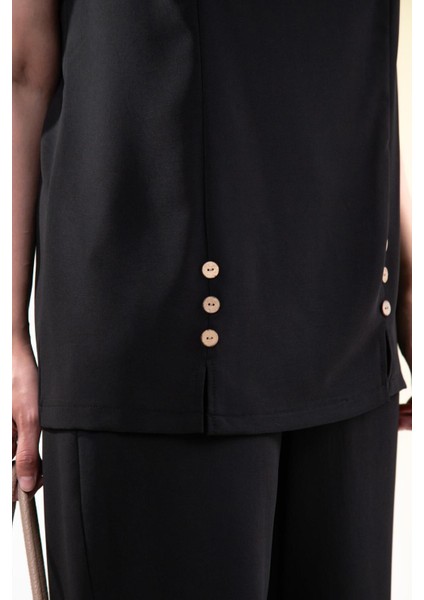 Kadın Büyük Beden V Yaka Düğmeli 2'li Takım Siyah Yeşil