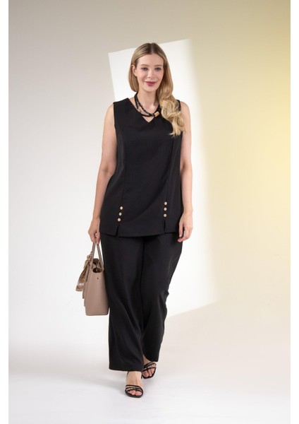 Kadın Büyük Beden V Yaka Düğmeli 2'li Takım Siyah Yeşil