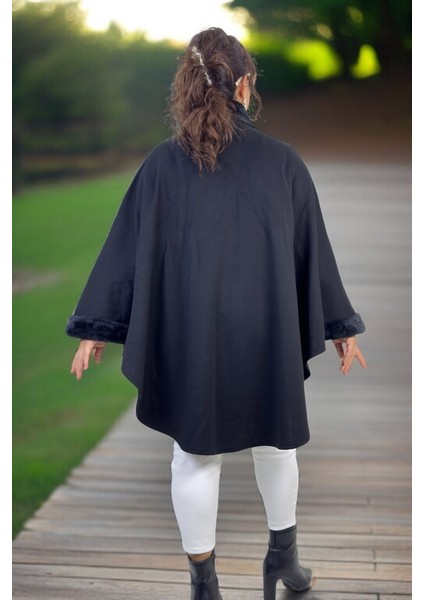 Düğmeli Kol Ağzı ve Yakası Kürk Detay Pul Payet Işlemeli Ekstra Büyük Beden Çelik Örgü Panço Ceket fiyatları