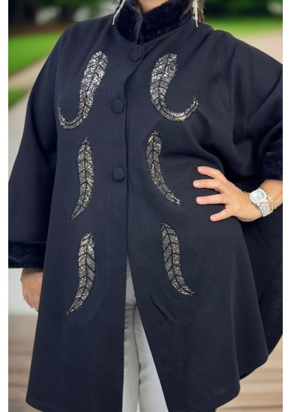 Düğmeli Kol Ağzı ve Yakası Kürk Detay Pul Payet Işlemeli Ekstra Büyük Beden Çelik Örgü Panço Ceket fırsatları