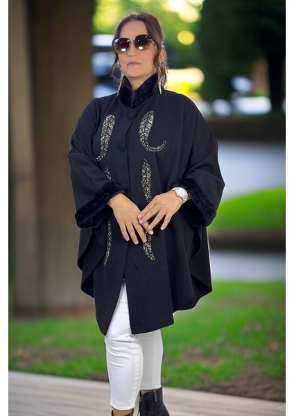 Düğmeli Kol Ağzı ve Yakası Kürk Detay Pul Payet Işlemeli Ekstra Büyük Beden Çelik Örgü Panço Ceket indirimleri