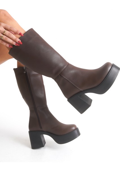 Kalın Yüksek Topuklu Fermuarlı Diz Altı Sade Klasik Kadın Acı Kahve Çizme