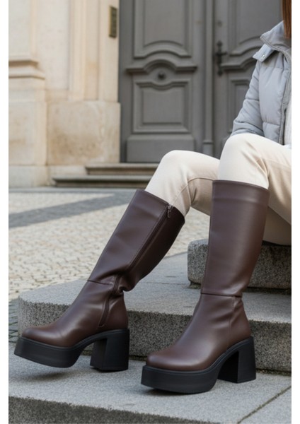 Kalın Yüksek Topuklu Fermuarlı Diz Altı Sade Klasik Kadın Acı Kahve Çizme fiyatları