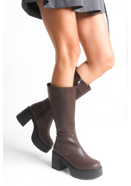 Kalın Yüksek Topuklu Fermuarlı Diz Altı Sade Klasik Kadın Acı Kahve Çizme modelleri