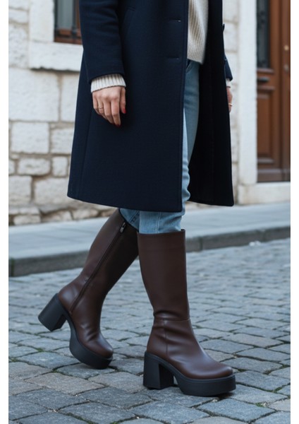 Kalın Yüksek Topuklu Fermuarlı Diz Altı Sade Klasik Kadın Acı Kahve Çizme indirimleri