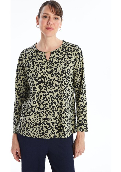 Yeni Sezon Bisiklet Yaka Leopar Desenli Kadın Bluz