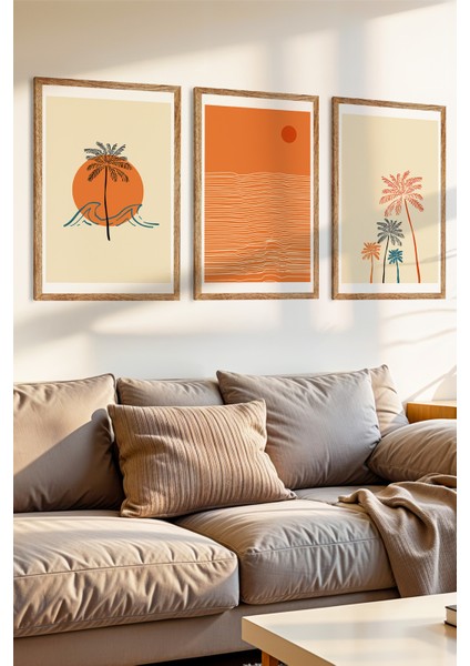 3 Parça Sıcak Tropik Temalı Ahşap Çerçeve Görünümlü Mdf Tablo Seti