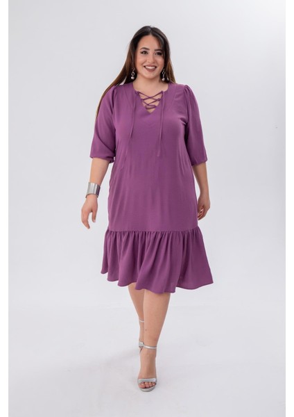 Kadın Büyük Beden Yaka Bağçıklı Uzun Mor Elbise fiyatları