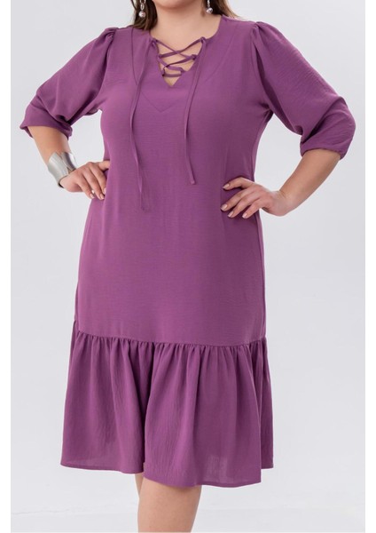 Kadın Büyük Beden Yaka Bağçıklı Uzun Mor Elbise indirimleri