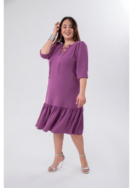 Kadın Büyük Beden Yaka Bağçıklı Uzun Mor Elbise