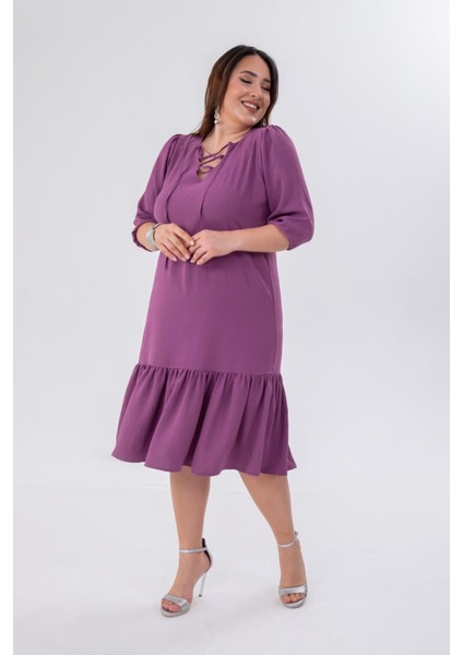 Kadın Büyük Beden Yaka Bağçıklı Uzun Mor Elbise