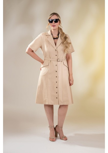 Kadın Büyük Beden Kemerli Gabardin Bej Elbise