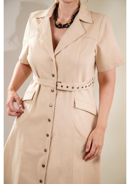 Kadın Büyük Beden Kemerli Gabardin Bej Elbise