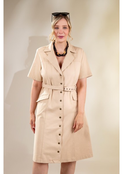 Kadın Büyük Beden Kemerli Gabardin Bej Elbise