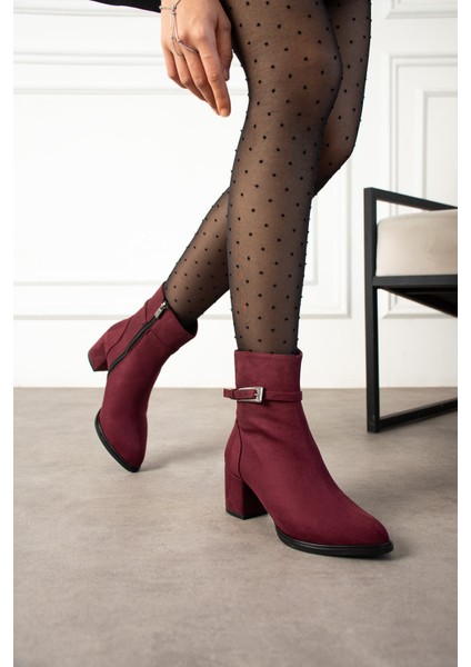 Kadın Bordo Süet Lucy Model Yandan Fermuarlı Sivri Burun Kısa Topuklu Bot modelleri