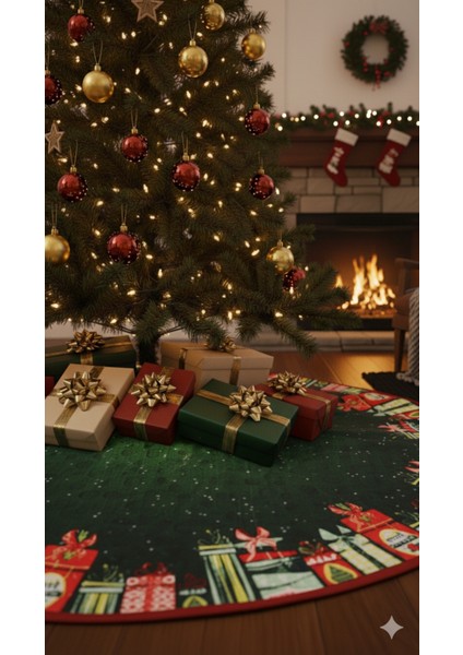 Yılbaşı Ağacı Altı Örtüsü | Yılbaşı Desenli Çam Ağacı Ayak Örtüsü Kaymaz Dot Tabanlı Halı | MIM0359