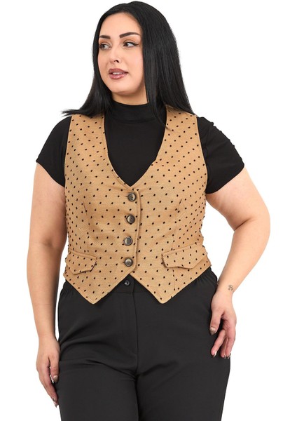 Büyük Beden Düğme Kapamalı Cep Kapaklı Astarlı Kısa Puanlı Bej Rengi Yelek fiyatları