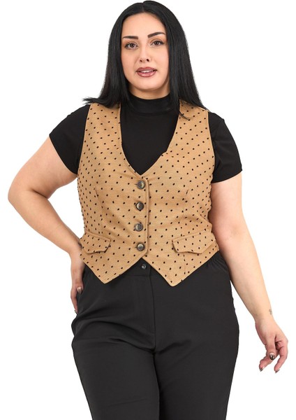 Büyük Beden Düğme Kapamalı Cep Kapaklı Astarlı Kısa Puanlı Bej Rengi Yelek indirimleri
