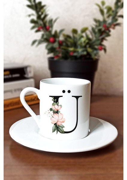 Caddemart | Ü Harfli Çiçekli Baskılı Porselen Türk Kahvesi Fincanı