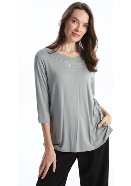 Yeni Sezon V Yaka Parlak Taşlı Kadın Bluz