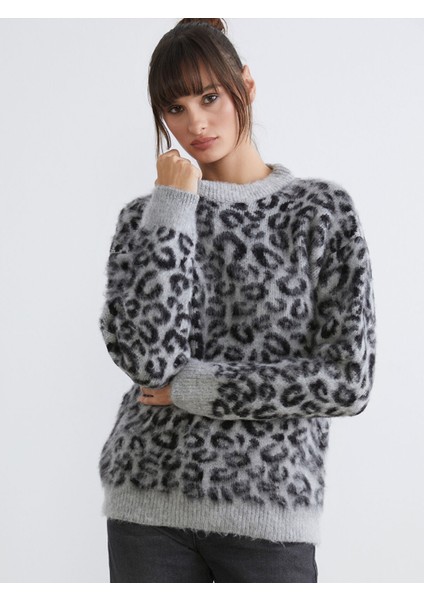 Yeni Sezon Bisiklet Yaka Leopar Desenli Kadın Triko Kazak
