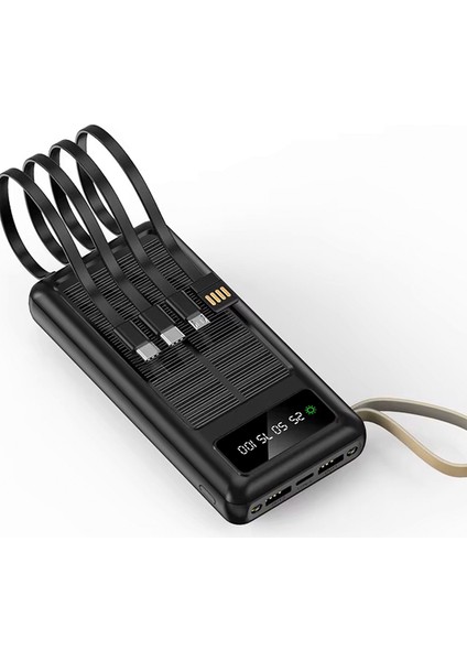 30000MAH Solar Güneş Panelli LED Ekranlı Dahili Type-C Micro USB Lightning Kablolu Çift USB Çıkışlı Powerbank