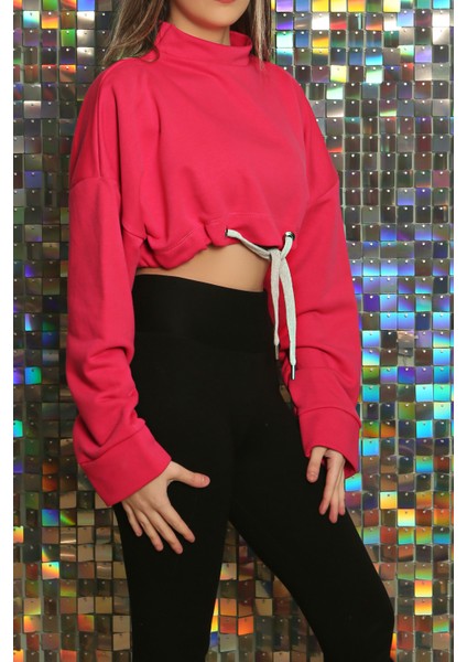 Kadın Baskılı Kuş Gözü Detaylı Kalın Şık Modern Crop Sweatshirt modelleri