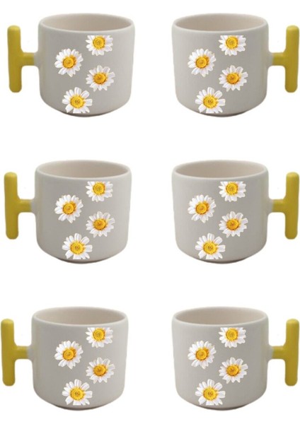 Papatya Desenli Sarı T Kulplu 6 Lı Set Fincan