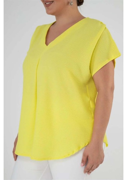 Kadın Büyük Beden V Yaka Sarı Bluz