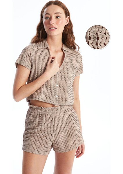 Yeni Sezon Polo Yaka Ajurlu Kısa Kollu Kadın Plaj Bluz