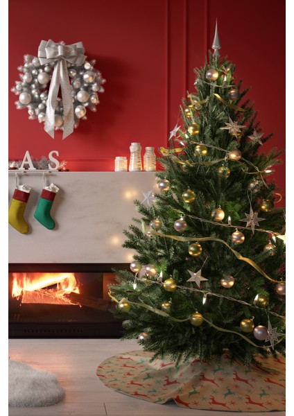 Yeşil Kırmızı Geyik Desenli Yılbaşı Çam Ağacı Örtüsü