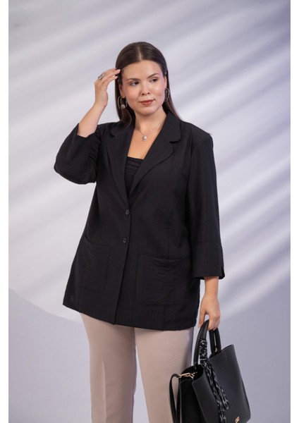 Kadın Büyük Beden Cepli Siyah Ceket modelleri