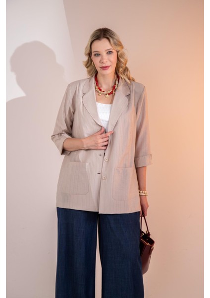 Kadın Büyük Beden Cepli Bej Ceket